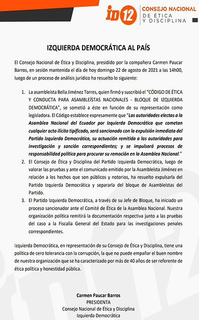 comunicado-izquierda-democratica Izquierda Democrática expulsa a Bella Jiménez de sus filas