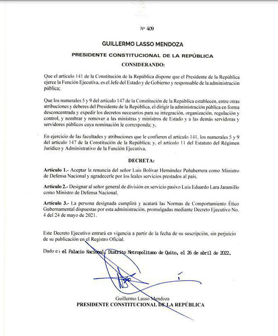 decreto-luis-lara Luis Lara Jaramillo es el nuevo ministro de Defensa Nacional