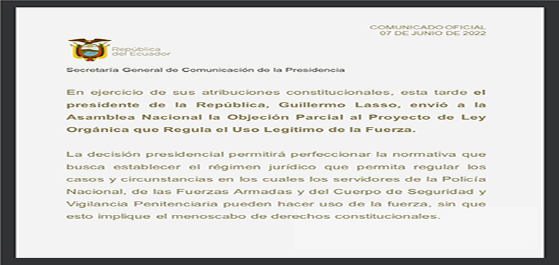 veto-parcial-a-leye-de-uso-progresivo-de-la-fuerza Lasso vetó en forma parcial la ley sobre el uso legítimo de la fuerza