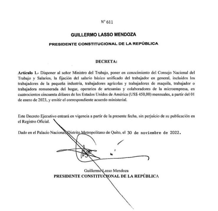 decreto-salario-aumento Gobierno Nacional fija el salario básico en $450 para 2023