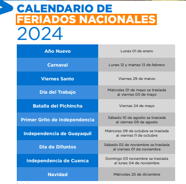 2024 Ecuador ya tiene listo el calendario de feriados para los próximos tres años
