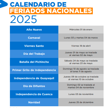 2025 Ecuador ya tiene listo el calendario de feriados para los próximos tres años