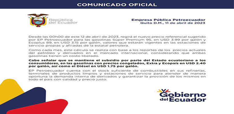 ecuador 221 comunicado-petroecuador Desde mañana rigen nuevos precios para la gasolina Súper Premium 95 y la Ecoplus 89