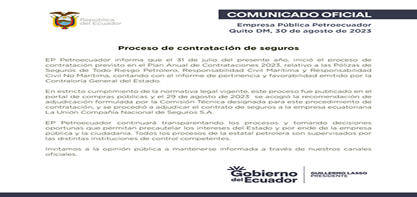 Comunicado-petroecuador Petroecuador adjudicó contrato de seguros para sus activos a Unión Compañía Nacional de Seguros S.A.