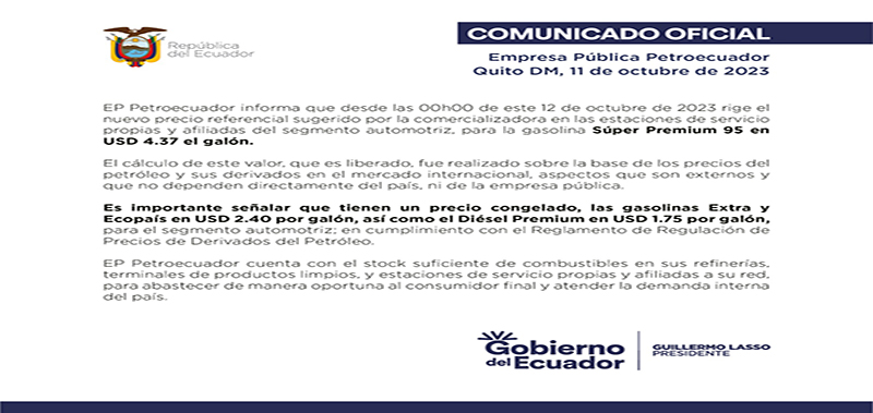 COMUNICADO-COMBUSTIBLES La Súper Premium 95 sube de precio a USD 4,37 por galón
