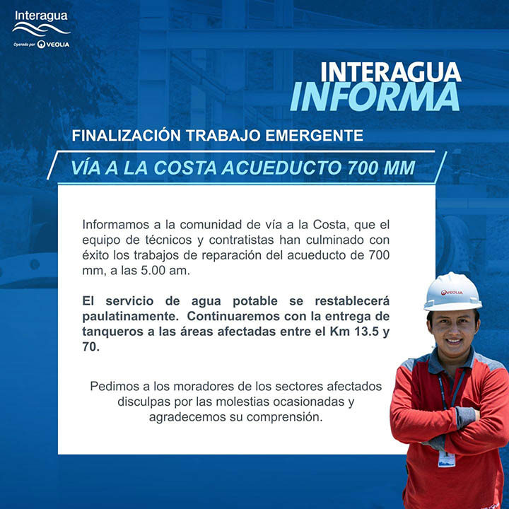 Interagua-restablece-servicio Interagua restablece servicio de agua en la vía a la Costa