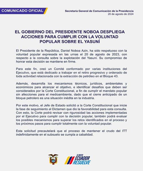 ecuador 221 COMUNCIADO-PDTE-YASUNI Daniel Noboa pide a la Corte Constitucional hacer seguimiento al dictamen sobre el Yasuní