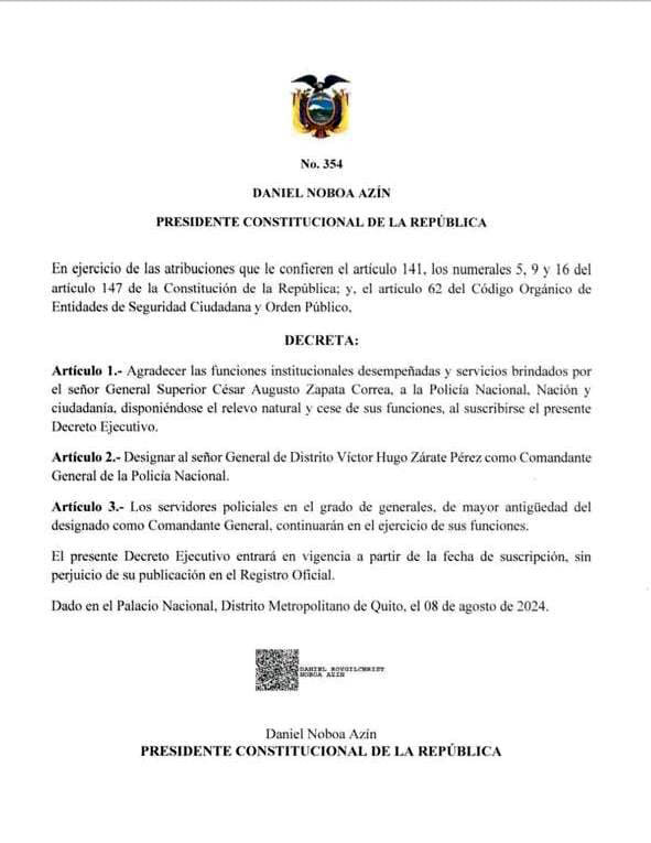 Decreto-354-Victor-Zarate Designan a Víctor Zárate como nuevo comandante de la Policía Nacional