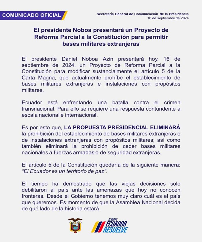 Comunicado-reforma-Constitucion-700x840 Noboa enviará proyecto para modificar prohibición de bases militares extranjeras