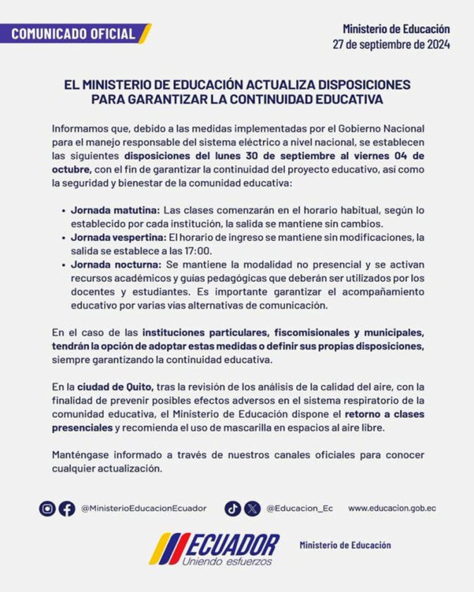 comunicado-ministerio-de-educcion-672x840 Emiten nuevas disposiciones para las clases desde el lunes 30 de septiembre