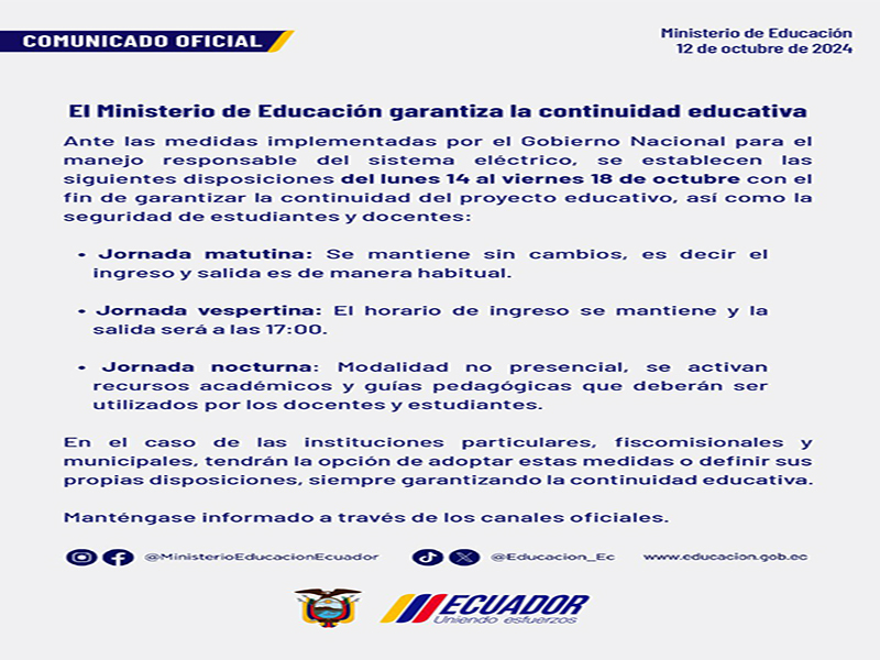 ministerio-de-educacion Los horarios de clases se mantienen del 14 al 18 de octubre