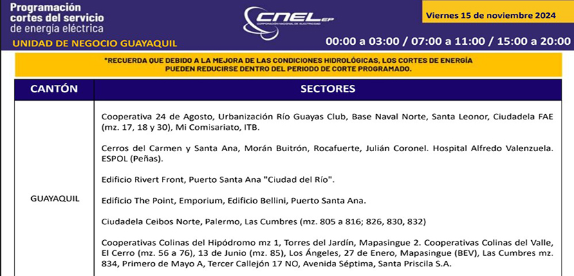 Cortes-en-guayaquil Nuevos horarios de cortes de luz en Guayaquil del 15 al 17 de noviembre