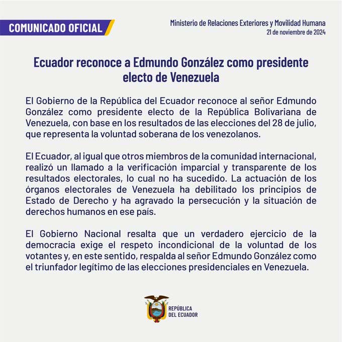 ecuador 221 Ecuador-reconoce-a-Edmundo-Gonzalez Ecuador reconoce a Edmundo González como presidente electo de Venezuela