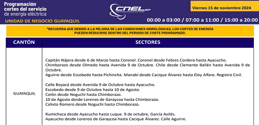 Nuevos-horarios-de-cortes-en-Gye Nuevos horarios de cortes de luz en Guayaquil del 15 al 17 de noviembre