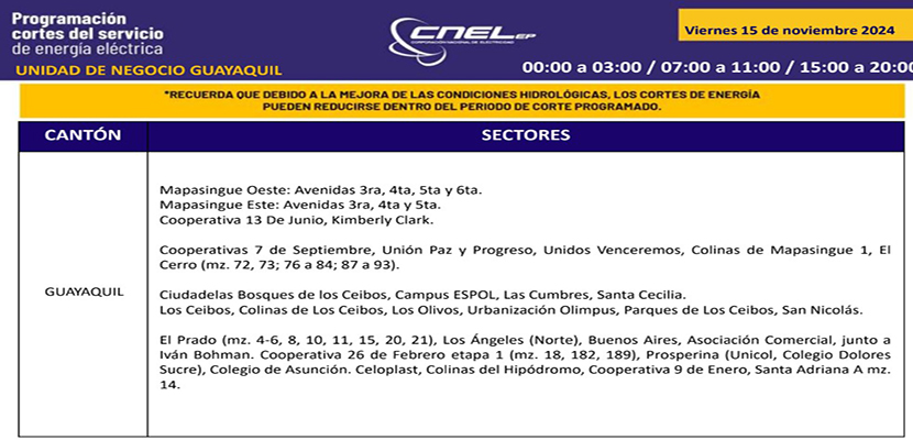 nuevos-horarios-de-cortes Nuevos horarios de cortes de luz en Guayaquil del 15 al 17 de noviembre