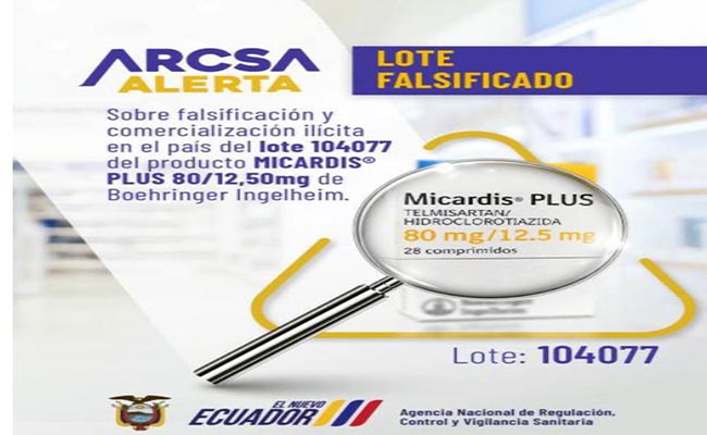 Arcsa alerta sobre la falsificación de un lote de medicina contra la hipertensión arterial