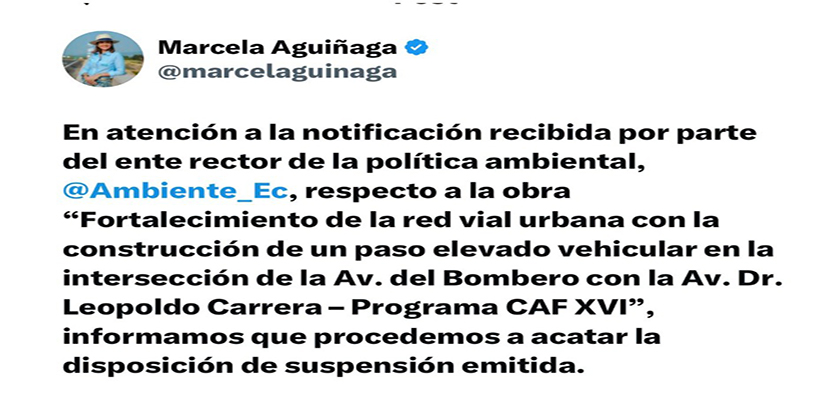 Marcela-Agunaga-acepta-pedido-de-suspension Ambiente ordena suspender obra del paso elevado en Los Ceibos