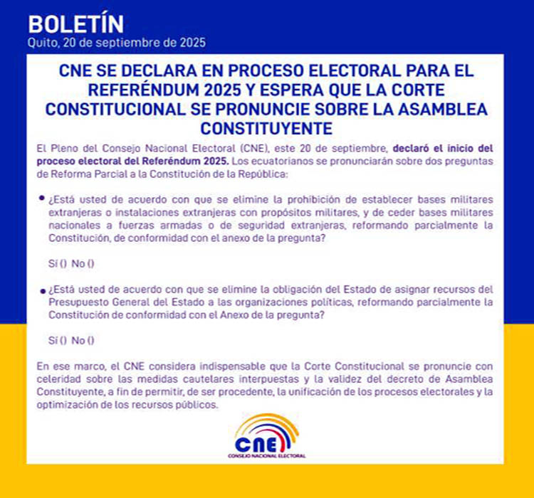 comunicado-CNE CNE aprobó referéndum sobre bases extranjeras y financiamiento a partidos