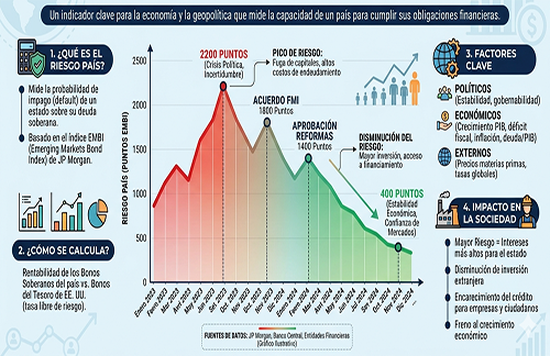 Riesgo País cae a 396 puntos, su nivel más bajo desde 2014
